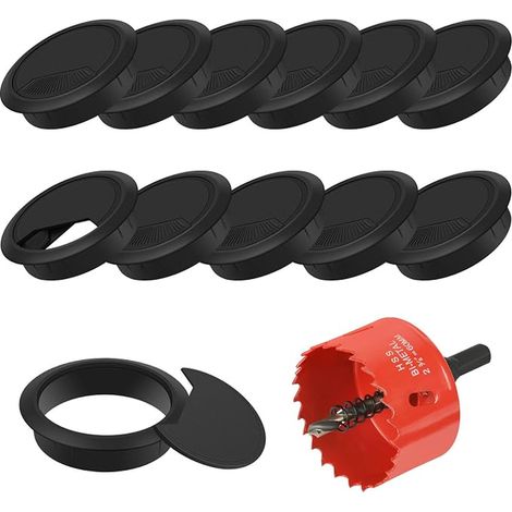 œillets de Bureau, Passe Cable Bureau, 60mm Couverture de Trou de Câble de Bureau d'ordinateur, avec Scie Cloche 60 mm, Organiseur de Fil pour la Maison et Le Bureau(Noir) (1/4)