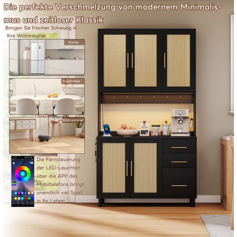 Buffet de cuisine 183 cm, meuble de rangement avec éclairage LED intégré et télécommande via appli, 2 ports USB, 2 prises, étagères ajustables, 3 tiroirs, poignées dorées en métal, parfait pour cuisin (1/5)