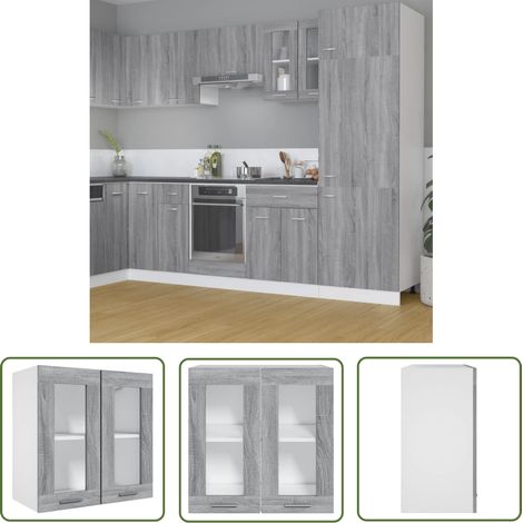 The Living Store Armoire en verre suspendue Sonoma gris Bois d'ingénierie - Armoire Suspendue - Meuble De Cuisine - Rangement Cuisine - Étagères Murales - Armoire Vitrée (1/5)