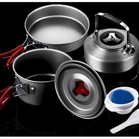 MINE Kit de Casseroles Camping Poêlé en Aluminium pour 2 à 3 Personnes Ustensiles de Cuisine de Camping Multifonctions Léger Batterie de Cuisine de Camping pour Pique-Nique BBQ Randonnée Pêche