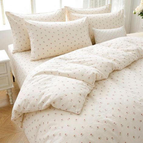 Bettwäsche-Set 220x240cm 3tlg, Mikrofaser, Cremeweiß Rosa Kleine Blumen