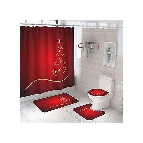 4-teiliges Weihnachts-Duschvorhang-Set mit rutschfesten Matten (Stil D), WC-Deckel und Badematte, wasserdichter Vintage-Duschvorhang mit 12 Haken