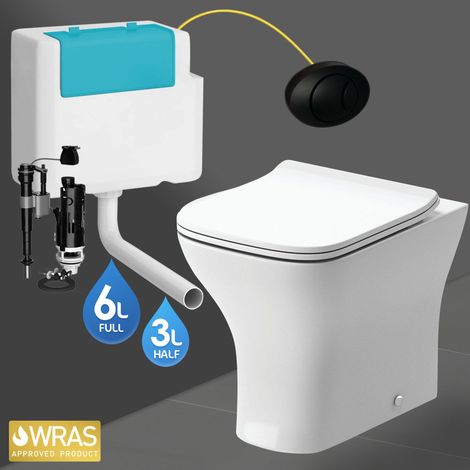 Square Back to Wall Toilet Pan, Seat & BTW Concealed Cistern - Black Push Button (1/4)