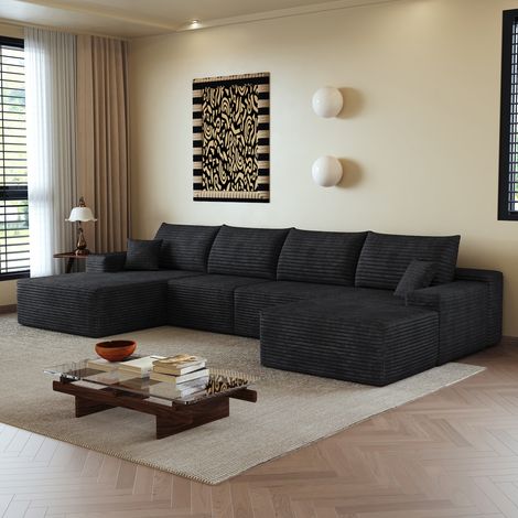 Canapé d’angle modulaire noir avec chaise longue, tissu effet velours côtelé, sans montage,270x175x83 cm (1/5)