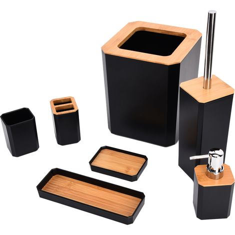 Ensemble d'accessoires de salle de bain en bambou (7 pièces) : boîte à savon et porte-brosse à dents, pour la maison ou l'hôtel (noir). (1/5)