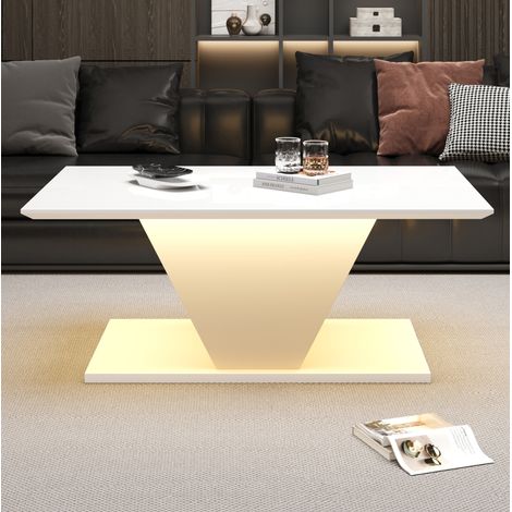 Mesa de centro 100 x 50 x 46 cm con iluminación LED, acabado brillante, diseño en V, blanca HAVRYA (1/5)