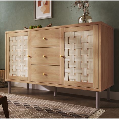 CHICFURN Credenza 120x40x75 cm rovere, 2 ante, 3 cassetti, piedi in metallo, antiribaltamento (1/5)