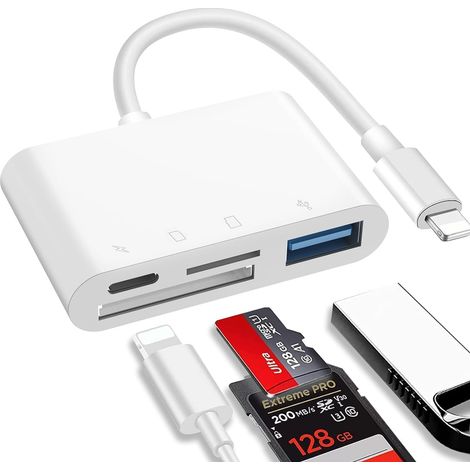 Lecteur de carte SD 4 en 1 pour iPhone et iPad, lecteur de carte mémoire pour iPhone 14/13/12/11/X/XS/XR/8/7 iPad, Plug and Play (1/5)