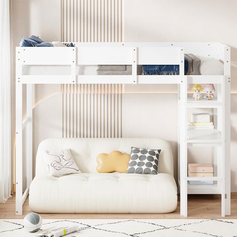 Cama alta infantil con estante de madera blanca OKMYHOME (1/5)