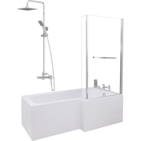1700mm Bathroom L Shaped Bath Mixer Shower Screen RH White with Front Panel (1/5)