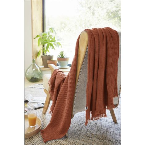 Plaid à franges en gaze de coton 130 x 160 cm Gaia Terracotta