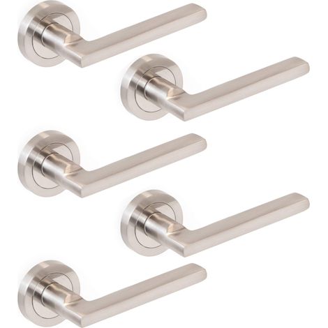 Emuca - Maniglie porta interna, set di 5 coppie di maniglie per porta da interno con rosetta D.50 mm, Alluminio e zama, Nickel satinato. (1/5)