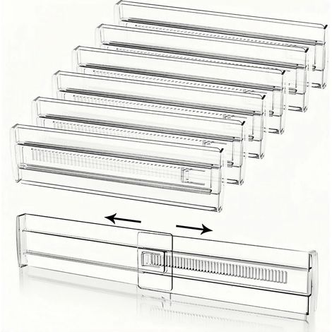 Tiroir avec Verrouillage Central – Lot de 6 Séparateurs Réglables Transparents (28,5–50 cm) – Plus Stables, Ne Glissent Pas – Organisation Cuisine, Salle de Bain & Bureau (1/4)