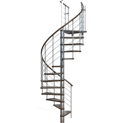Minka Spindeltreppe Venezia Buche auf Walnuss lackiert mit Handlauf und UK in silber Ø140cm bis 305,5cm Geschosshöhe (1/5)
