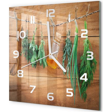 Horloge Murale Carrée Décoration Murale Verre Trempé Design Artistique Herbes sur une ficelle 30x30 cm (1/5)