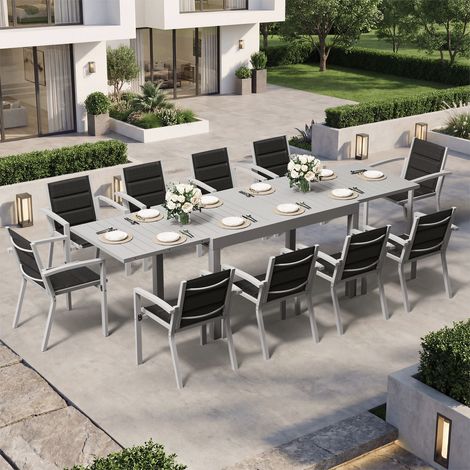 Ensemble Table Chaise Jardin 10 personnes, Table Jardin Chaise en Aluminium, 10 Chaises Jardin Empilables et 1 Table Jardin Extensible (130/260 cm), Imperméable, Antirouille, Tout Temps, Gris Clair