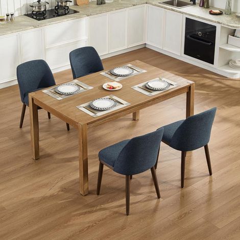 Esszimmerstühle 4er Set, Polsterstühle mit Holzbeinen, Leinenbezug, Blau (1/5)