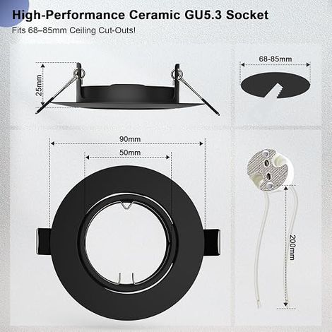 Spot Encastrable GU5.3 Orientable 12V – Cadre Rond 68mm Noir Mat avec Douille GU5.3, Meubles et Plafond (1/3)