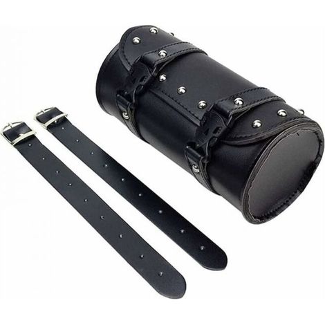 Motorcycle Tool Bag PU Leather, Rear Fork Tool Bag, Round Motorcycle Tool Bag, with 2 Mounting Straps, for Most Motorcycles and Off-Road Vehicles (1/5)