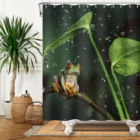 140x183cm Mignon Grenouille Rideau de Douche Vert Animal sur Arbre Bifurquer Vert Plante Feuilles Jour de Pluie Naturel Rideau de Baignoire pour Enfants Salle Bains Polyester avec Crochets (1/5)