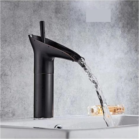 Waschbecken Wasserhahn Wasserfall Mischbatterie Einstellbar Warm- und Kaltwasser Chrom Messing Schwarz MUMU (1/4)