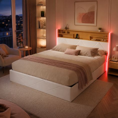 Lit Coffre 140x200 avec LED et ports USB, Lit Double avec Hydraulique Rangement, Tête de Lit avec Etagères Ouvertes, PU Blanc (1/5)