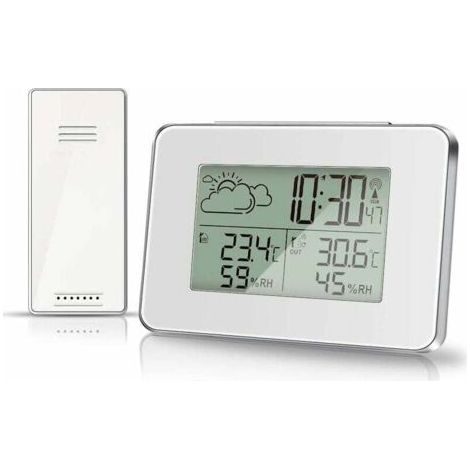 Station météo sans Fil hygromètre pour thermomètre extérieur intérieur avec capteur extérieur Écran LCD Moniteur d'humidité numérique de la température avec rétroéclairage (Blanc)