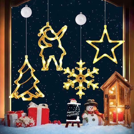 Set mit 4 warmweißen LED-Weihnachtslichterketten mit Saugnäpfen, Weihnachtsmann, Stern, Schneeflocke, batteriebetrieben (1/5)