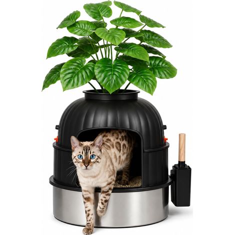Bac à Litière pour Chat en Acier Inoxydable XXL, Litière Cachée Design Pot de Fleur avec Plante (1/5)