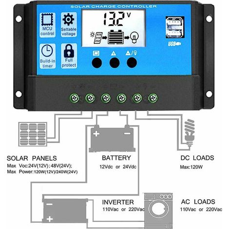 Régulateur de charge solaire 12V/24V 10A – Gestion PWM – Grand écran LCD – Protection contre courts-circuits et surcharges