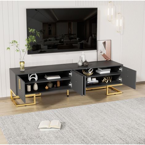 Mueble TV 170x40x45.5 cm gris negro en tablero de partículas con 4 puertas, patas doradas y pies ajustables (1/5)