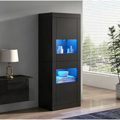 Schwarze LED-Standvitrine 61 x 42 x 162 cm mit 3 Regalböden und 2 Türen (1/5)