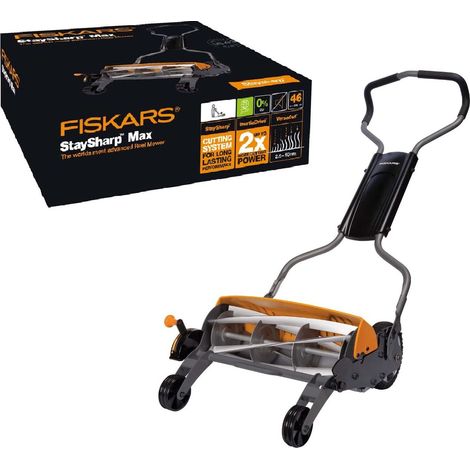 Fiskars Tosaerba manuale, Tosaerba a cilindro con sistema di taglio senza attrito di lame, Larghezza di taglio: 46 cm, StaySharp Max, Nero/Arancione/Argento, 1000591