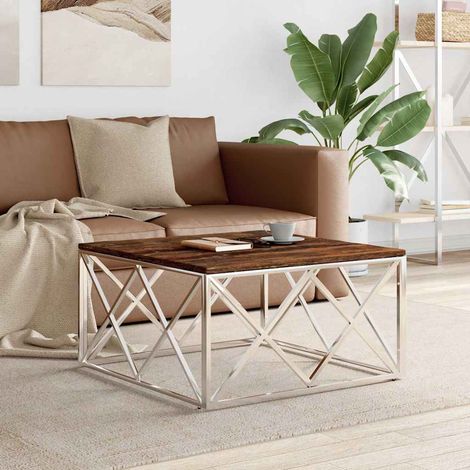 vidaXL Table basse acier inoxydable et bois massif de récupération (1/5)