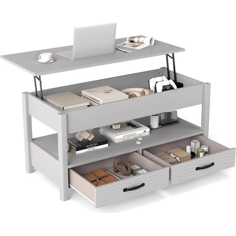 COSTWAY Table Basse Relevable, Table de Salon avec Rangement, 2 Tiroirs, Rangement Caché, Étagère Ouverte, Table Rectangulaire pour Salon, Blanc