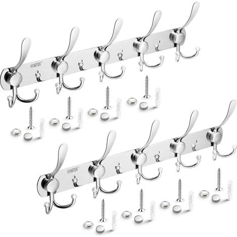 2pcs Porte-manteau mural - Modèle 2020, porte-manteau mural à 5 crochets triples, porte-manteau mural robuste en acier inoxydable, convient pour une entrée (argent).