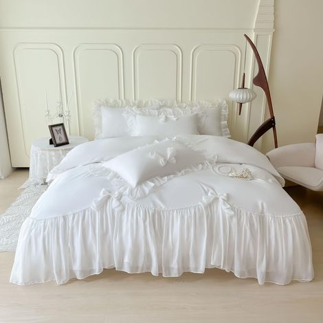 Parure de lit Chic en Dentelle pour Filles, Housse de Couette esthétique de Style Princesse française Romantique avec Joli nœud et Fermeture éclair, Blanc, lit Simple (1/5)