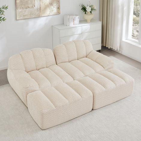 Canapé modulable 2 places avec 2 poufs, canapé sans armatures en mousse haute densité 32D, pour salon et appartement, design antidérapant, tissu doux, beige et blanc (1/5)