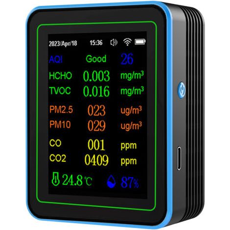 QORVA-Détecteur qualité d’air WiFi 12 en 1, détecteur dioxyde de carbone avec affichage date/heure, AQI PM2.5 PM10 HCHO TVOC CO CO2 température humidité, testeur qualité d’air pour bureau école,de