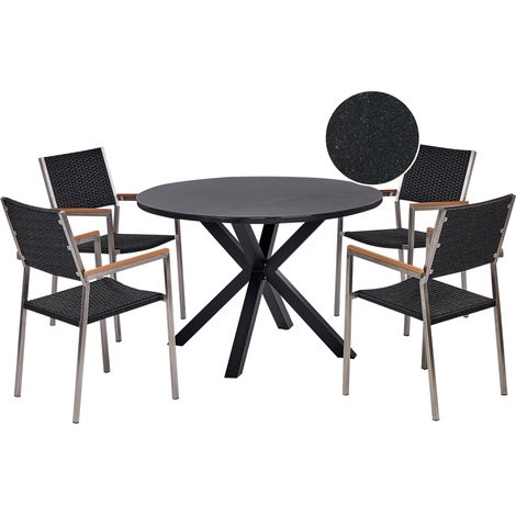 Conjunto de jardín 4 plazas de aluminio tablero de vidrio cerámico sillas de ratán sintético estructura de acero inoxidable negro Maletto/Grosseto (1/5)