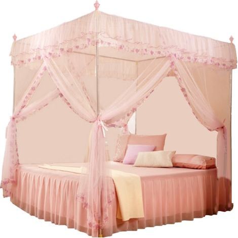 Luxuriöser Prinzessinnenbettvorhang mit 3 seitlichen Öffnungen, Baldachinnetz, Moskitonetz, Bettwäsche (rosa, Größe S) (1/5)