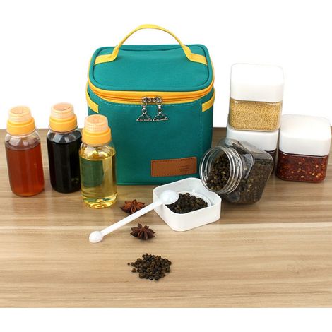Set 7 Bocaux Épices,3 Bouteilles Huile,4 Pots Rond,Plastique Transparent,Sac Rangement,Cuisine Camping BBQ (1/5)
