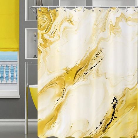 Rideau de douche 180x180 cm motif marbre effet encre de Chine dégradé art abstrait moderne tissu imperméable lavable en machine crochets inclus jaune (1/5)