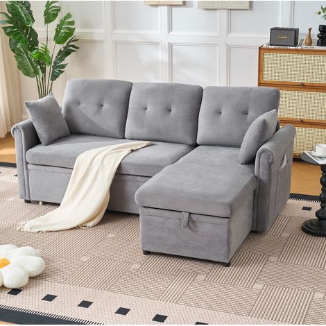 Divano angolare trasformabile 206x130x85 cm con contenitore, reversibile, ciniglia, per soggiorno e ospiti - grigio (1/5)