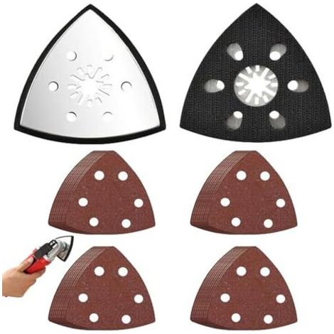 2 pièces Patin Ponceuse Triangulaire, Plaques de Ponçage Triangulaires, 93 mm Plateau Ponçage, avec 20 Feuilles Triangles P320 to P800, pour bois, plastique dur, métal dérouillage - (1/5)