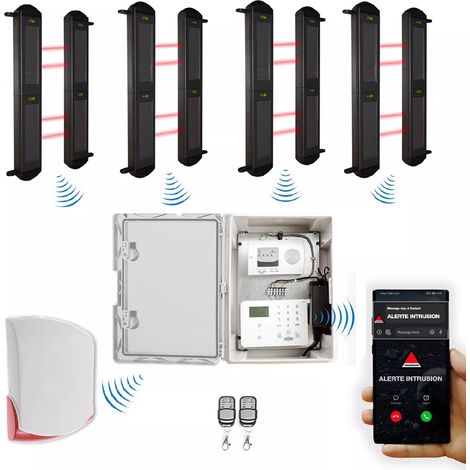 Kit barrières infrarouges solaires sans fil 900m (4 jeux de 2B) – Alarme extérieure + coffret GSM et sirène ext (DA600+) (1/5)