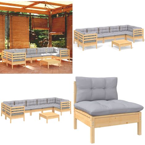 8-tlg. Garten-Lounge-Set mit Grauen Kissen Kiefernholz - Gartensessel - Lounge Set - Gartenmöbel - Outdoor Möbel - Kiefernholz - Home & Living (1/5)