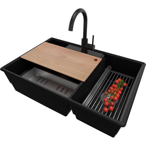 PRIMAGRAN Evier Cuisine en Granit 78x53cm,Lavabo 2 bacs + Robinet 32x20cm + Kit de Vidage + Accessoires, Évier à Encastrer au meuble 80cm - Paris, Noir (1/5)