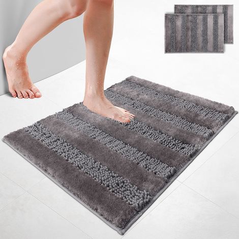 VOUNOT® 2er-Set Chenille Badematte Rutschfeste, Mikrofaser Badezimmerteppich 60x90cm Grau