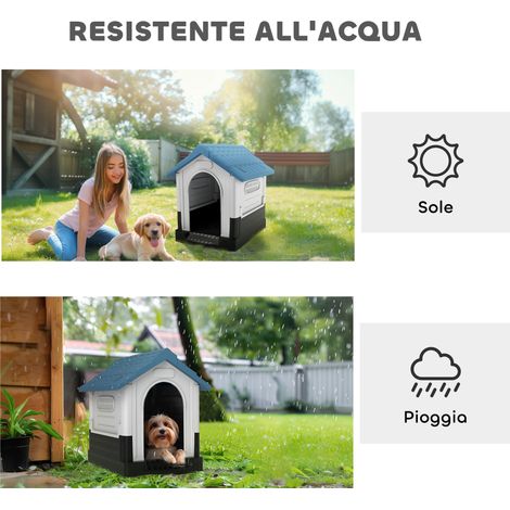Niche d'extérieur en plastique pour petits chiens, avec fenêtres et fond surélevé, 64,5 x 57 x 66 cm, bleue (1/5)